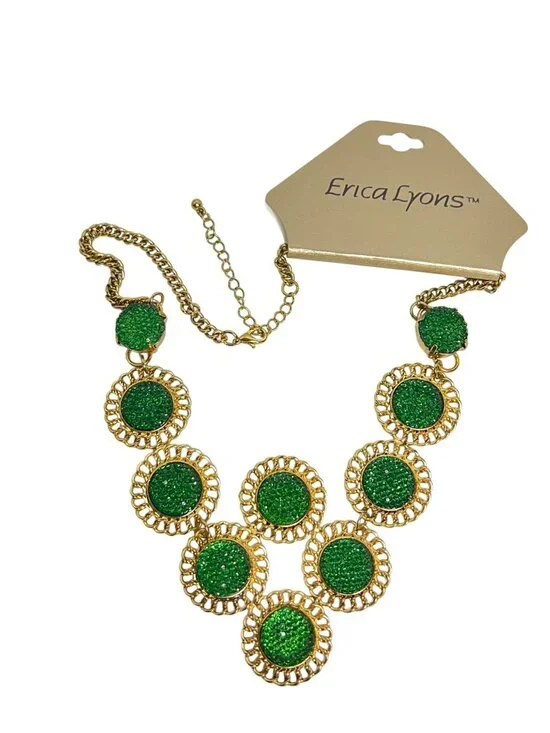 Erica Lyons Gold Tone And Green Textured Statement Necklace (6311) - Picture 5 of 7